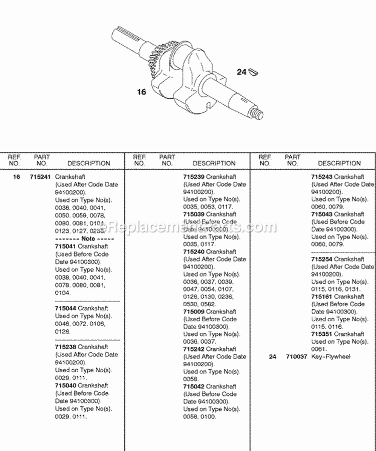 Crankshaft Diagram and Parts List for  Briggs and Stratton Engine